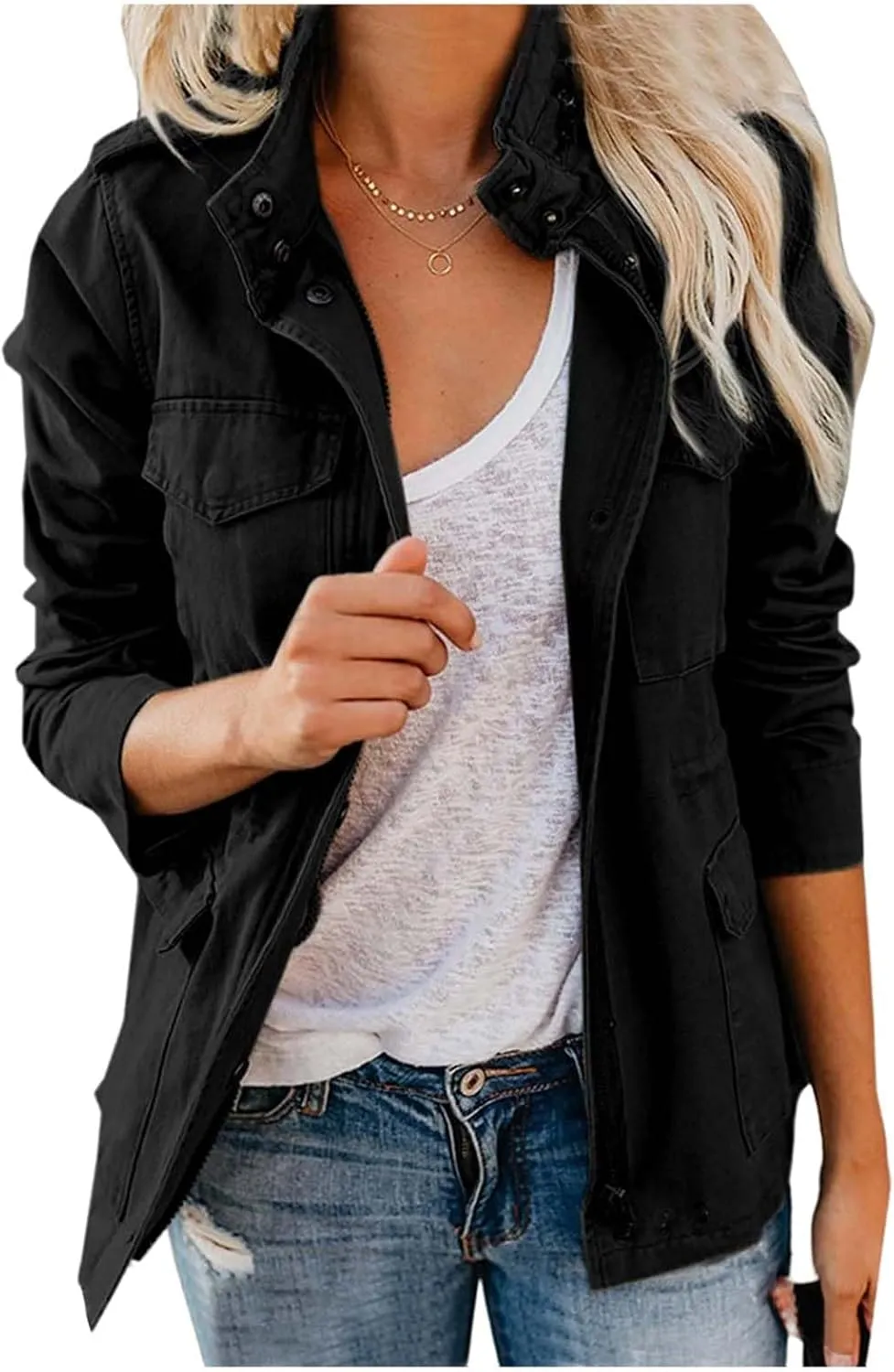 Women Military Anorak Jackets Snap Buttons Parka Safari Utility Coats Zip Up Outwear with Pocket