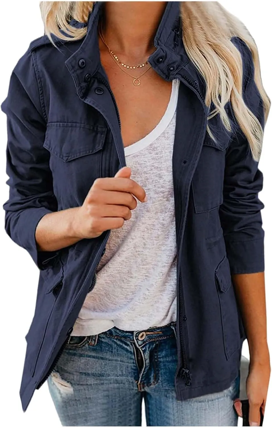 Women Military Anorak Jackets Snap Buttons Parka Safari Utility Coats Zip Up Outwear with Pocket
