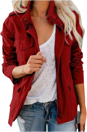 Women Military Anorak Jackets Zip Up Snap Buttons Parka Safari Utility Coats Outwear with Pocket