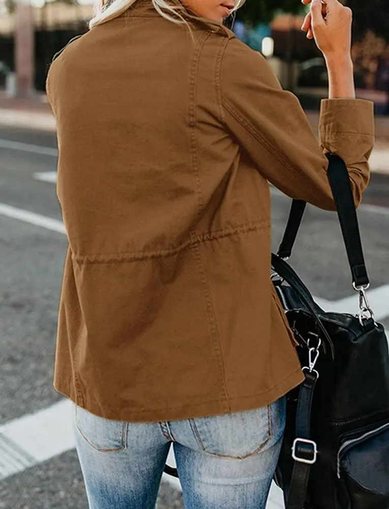 Women Military Anorak Jackets Zip Up Snap Buttons Parka Safari Utility Coats Outwear with Pocket