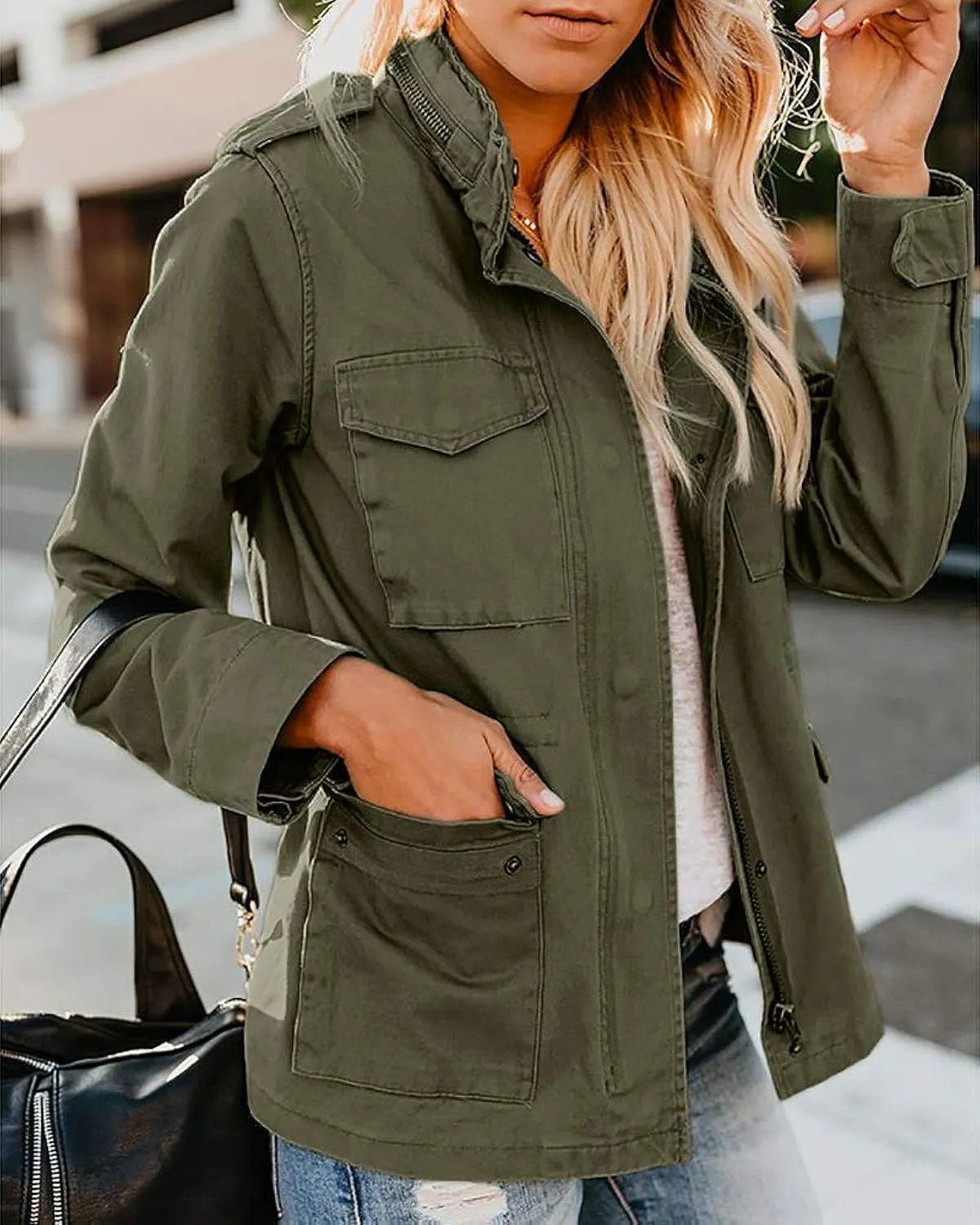 Women Military Anorak Jackets Zip Up Snap Buttons Parka Safari Utility Coats Outwear with Pocket