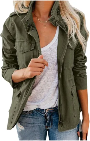 Women Military Anorak Jackets Zip Up Snap Buttons Parka Safari Utility Coats Outwear with Pocket