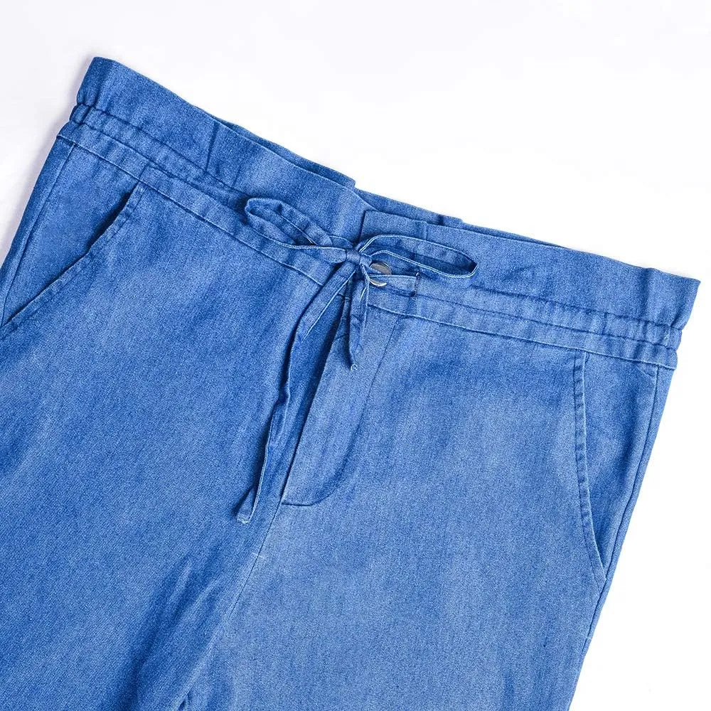 Women Paperbag Tapered Jeans Belted High Waisted Denim Pockets Pencil Pants