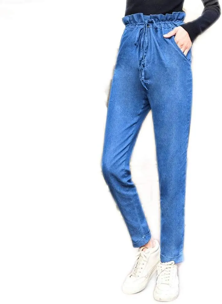 Women Paperbag Tapered Jeans Belted High Waisted Denim Pockets Pencil Pants