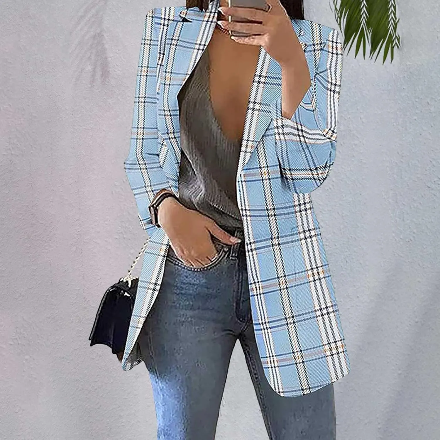 Women Plaid Sweatshirt Blazer Plus Size Notch Lapel Business Work Checkered Suit Jacket Stylish Open Front Cardigan