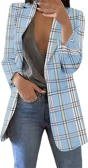 Women Plaid Sweatshirt Blazer Plus Size Notch Lapel Business Work Checkered Suit Jacket Stylish Open Front Cardigan