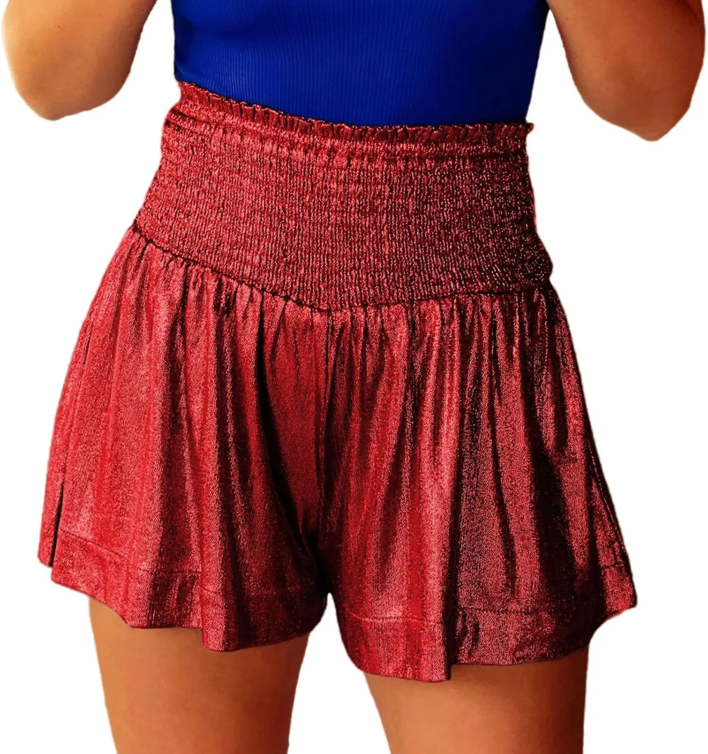 Women Sequin Shorts Smocked High Elastic Waisted Flowy Shorts Pleated Ruffle Beach Glitter Sparkly Metallic Shorts