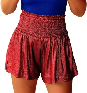 Women Sequin Shorts Smocked High Elastic Waisted Flowy Shorts Pleated Ruffle Beach Glitter Sparkly Metallic Shorts