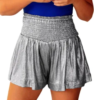 Women Sequin Shorts Smocked High Elastic Waisted Flowy Shorts Pleated Ruffle Beach Glitter Sparkly Metallic Shorts