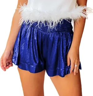 Women Sequin Shorts Smocked High Elastic Waisted Flowy Shorts Pleated Ruffle Beach Glitter Sparkly Metallic Shorts