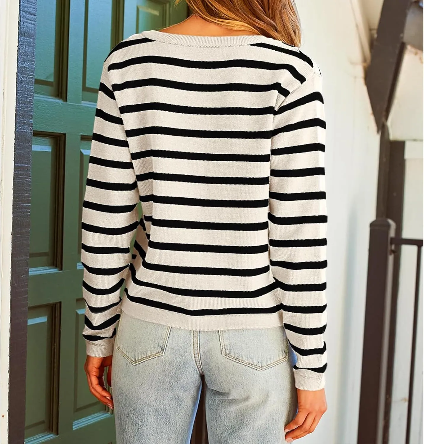 Women Striped Cardigan Sweaters Casual Long Sleeve Button Down Cropped Jackets Coat Fall Knit Sweater