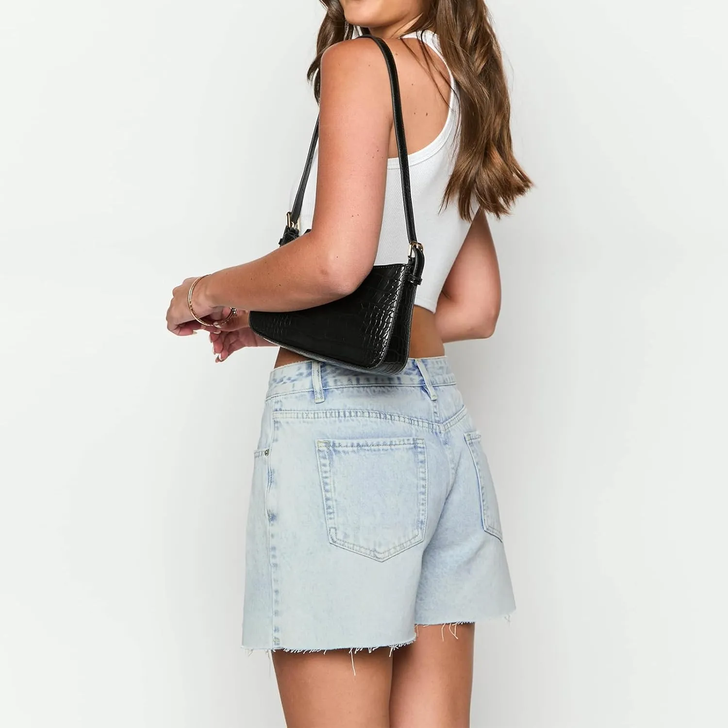 Women Summer Denim Shorts High Waisted Straight Leg Raw Hem Jeans for Vacation Beach Club Streetwear