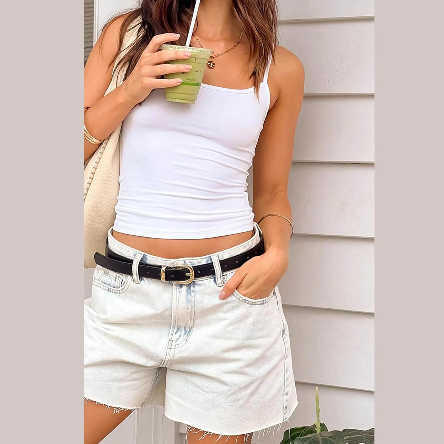 Women Summer Denim Shorts High Waisted Straight Leg Raw Hem Jeans for Vacation Beach Club Streetwear