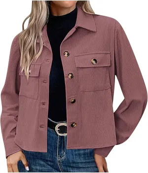 Women Trendy Corduroy Cropped Jacket, Long Sleeve Lapel Bomber Jackets Coat Button Down Casual Daily Outerwear Tops