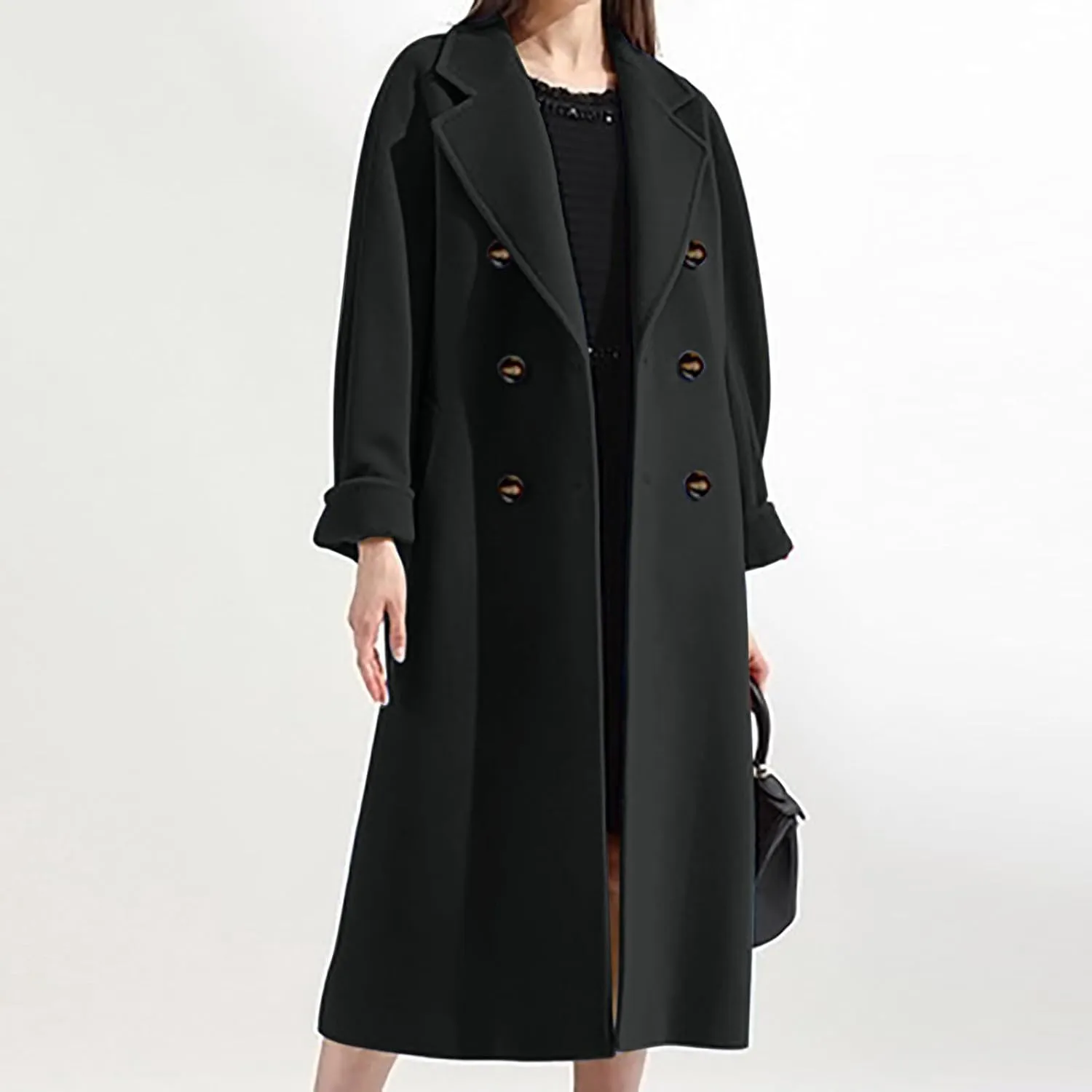 Women Winter Coats Wool Blend Mid-Long Pea Trench Coat Notch Double-Breasted Lapel Elegant Work Jacket Outwear Overcoat
