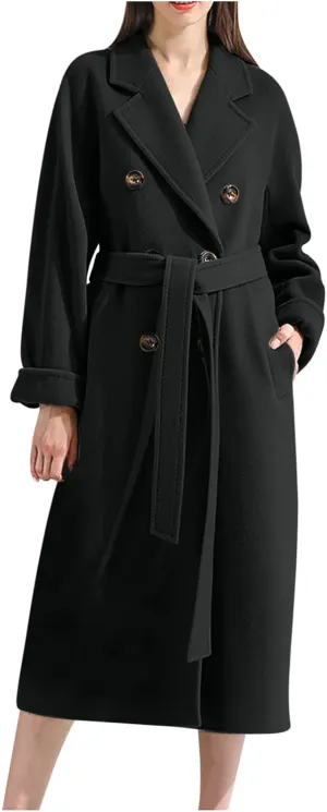 Women Winter Coats Wool Blend Mid-Long Pea Trench Coat Notch Double-Breasted Lapel Elegant Work Jacket Outwear Overcoat