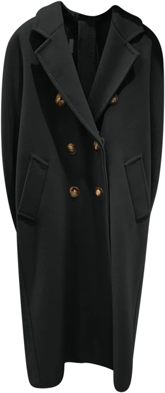 Women Winter Coats Wool Blend Mid-Long Pea Trench Coat Notch Double-Breasted Lapel Elegant Work Jacket Outwear Overcoat