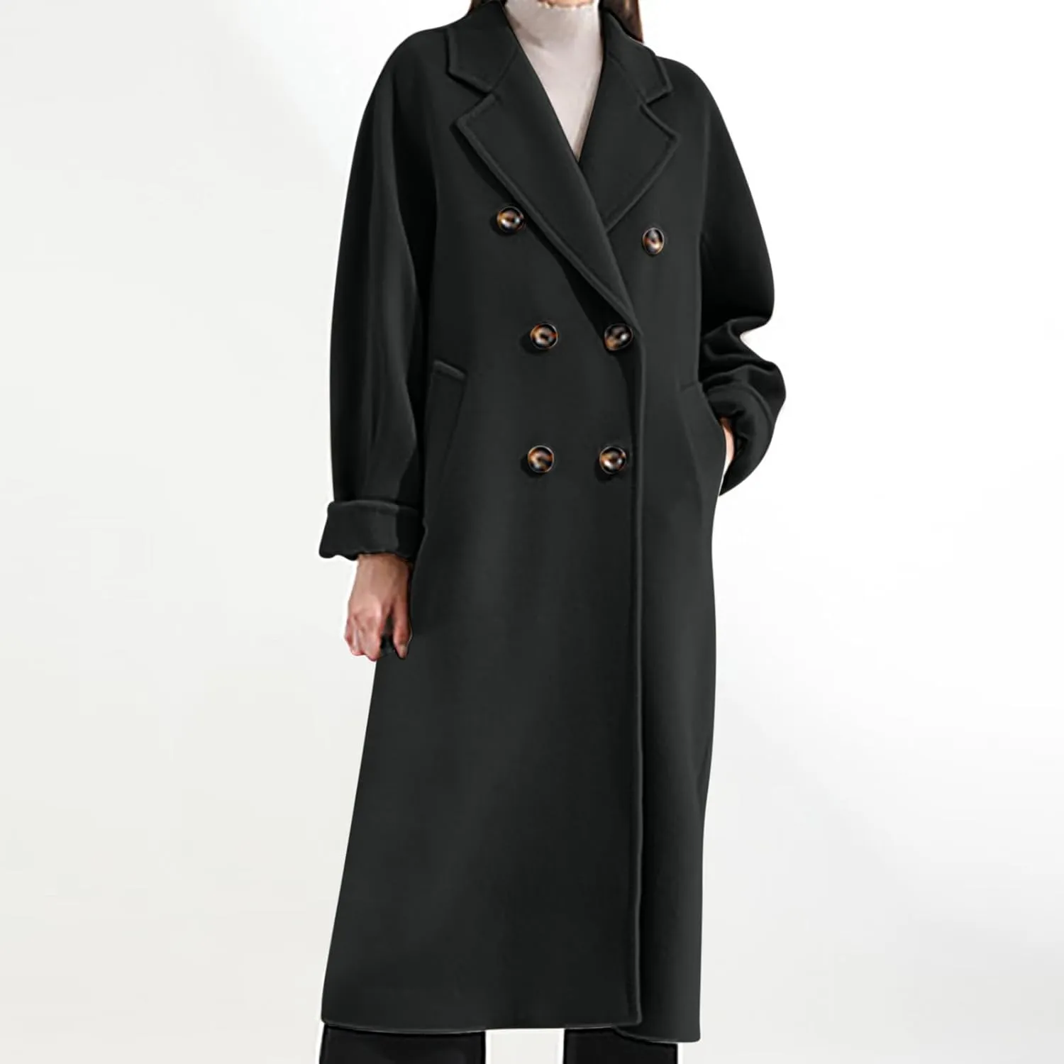 Women Winter Coats Wool Blend Mid-Long Pea Trench Coat Notch Double-Breasted Lapel Elegant Work Jacket Outwear Overcoat