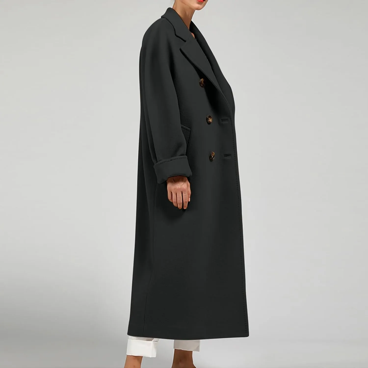 Women Winter Coats Wool Blend Mid-Long Pea Trench Coat Notch Double-Breasted Lapel Elegant Work Jacket Outwear Overcoat