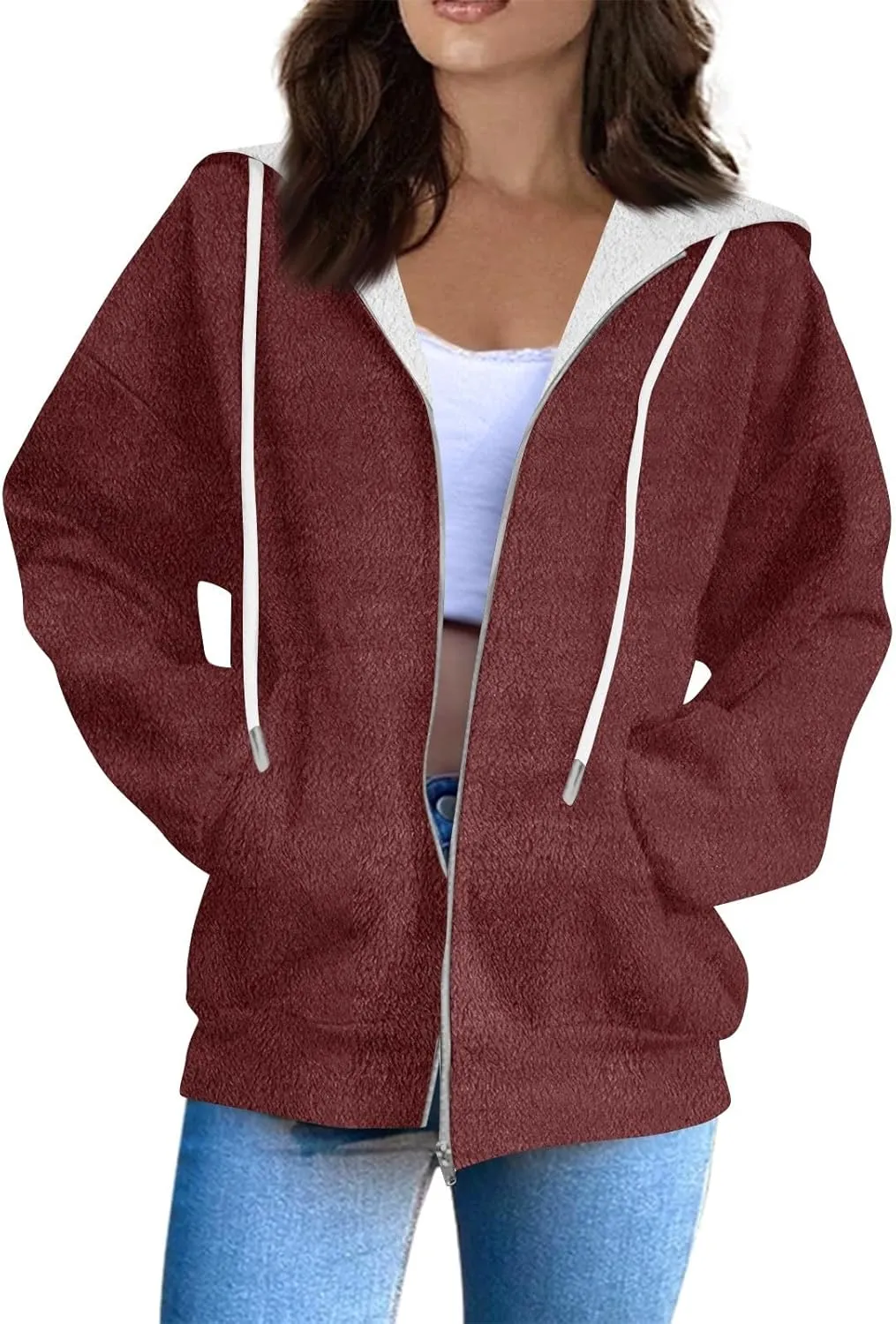 Women Winter Hoodies Zip Up Fleece Warm Sweatshirts Jacket Drawstring Long Sleeve Fleece Lined Hoodie Sweatshirt