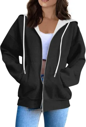 Women Winter Hoodies Zip Up Fleece Warm Sweatshirts Jacket Drawstring Long Sleeve Fleece Lined Hoodie Sweatshirt