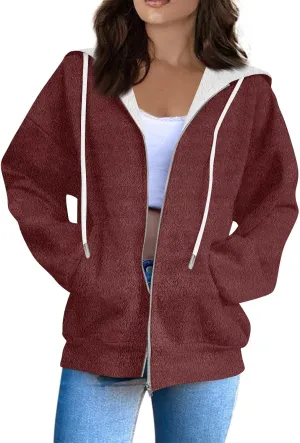 Women Winter Hoodies Zip Up Fleece Warm Sweatshirts Jacket Drawstring Long Sleeve Fleece Lined Hoodie Sweatshirt