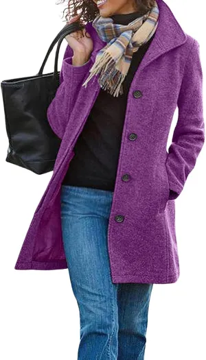 Women Winter Long Pea Coat Wool Blend Stand Collar Coat Single Breast Thicken Blazer Jacket Casaul Jacket