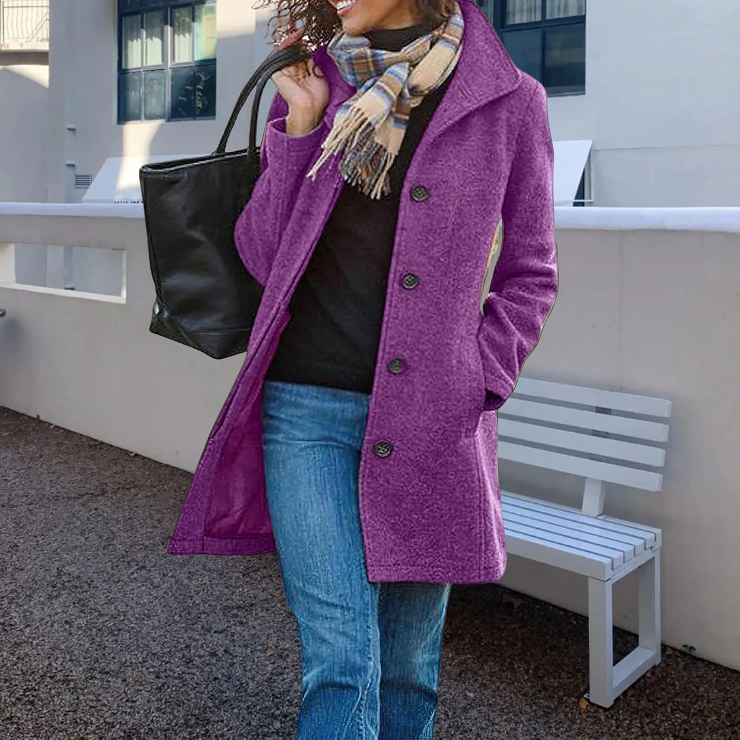 Women Winter Long Pea Coat Wool Blend Stand Collar Coat Single Breast Thicken Blazer Jacket Casaul Jacket