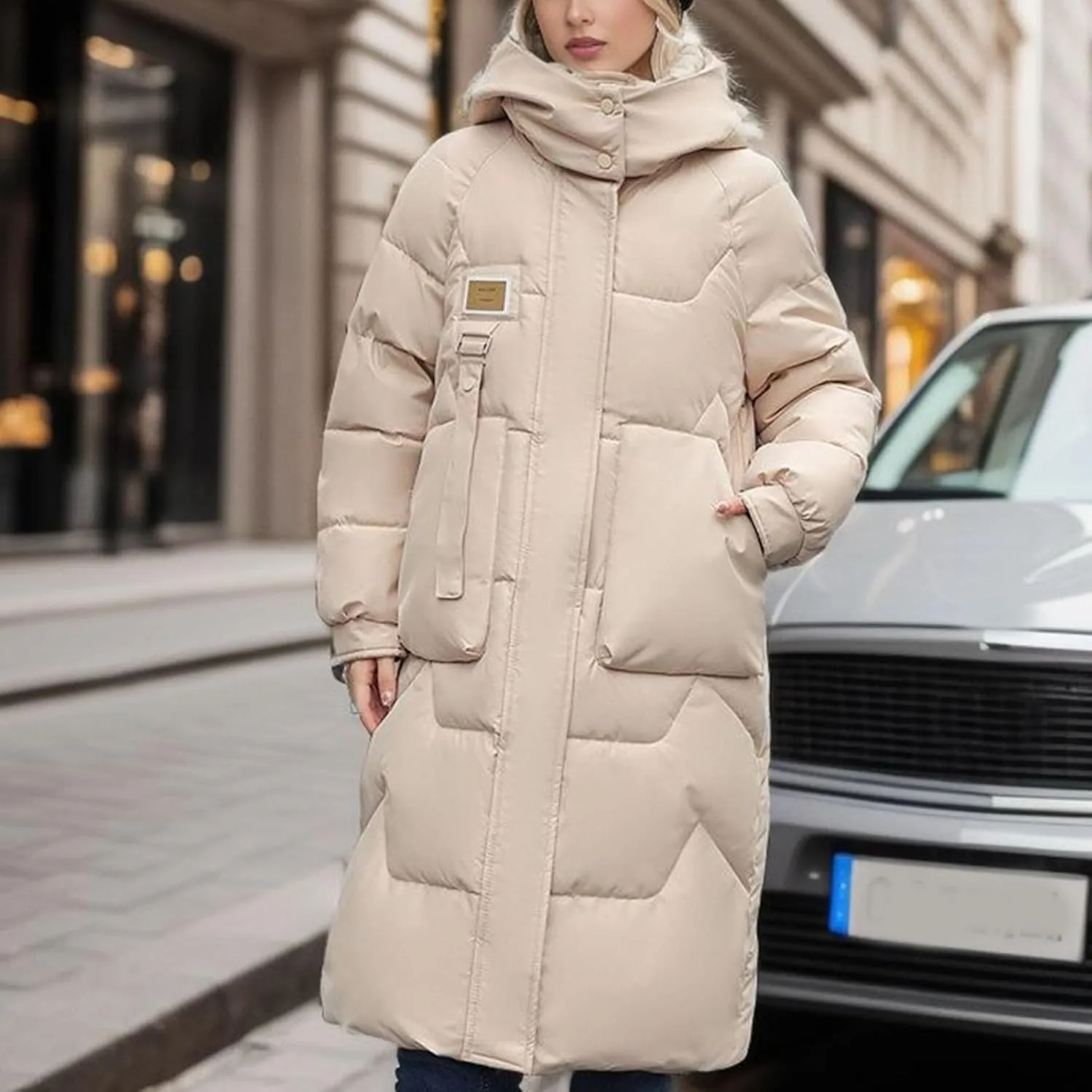 Women Winter Long Puffer Jacket Plus Size Quilted Jacket Hoodies Down Coat Stand Collar Windproof Warm Thicken Parka