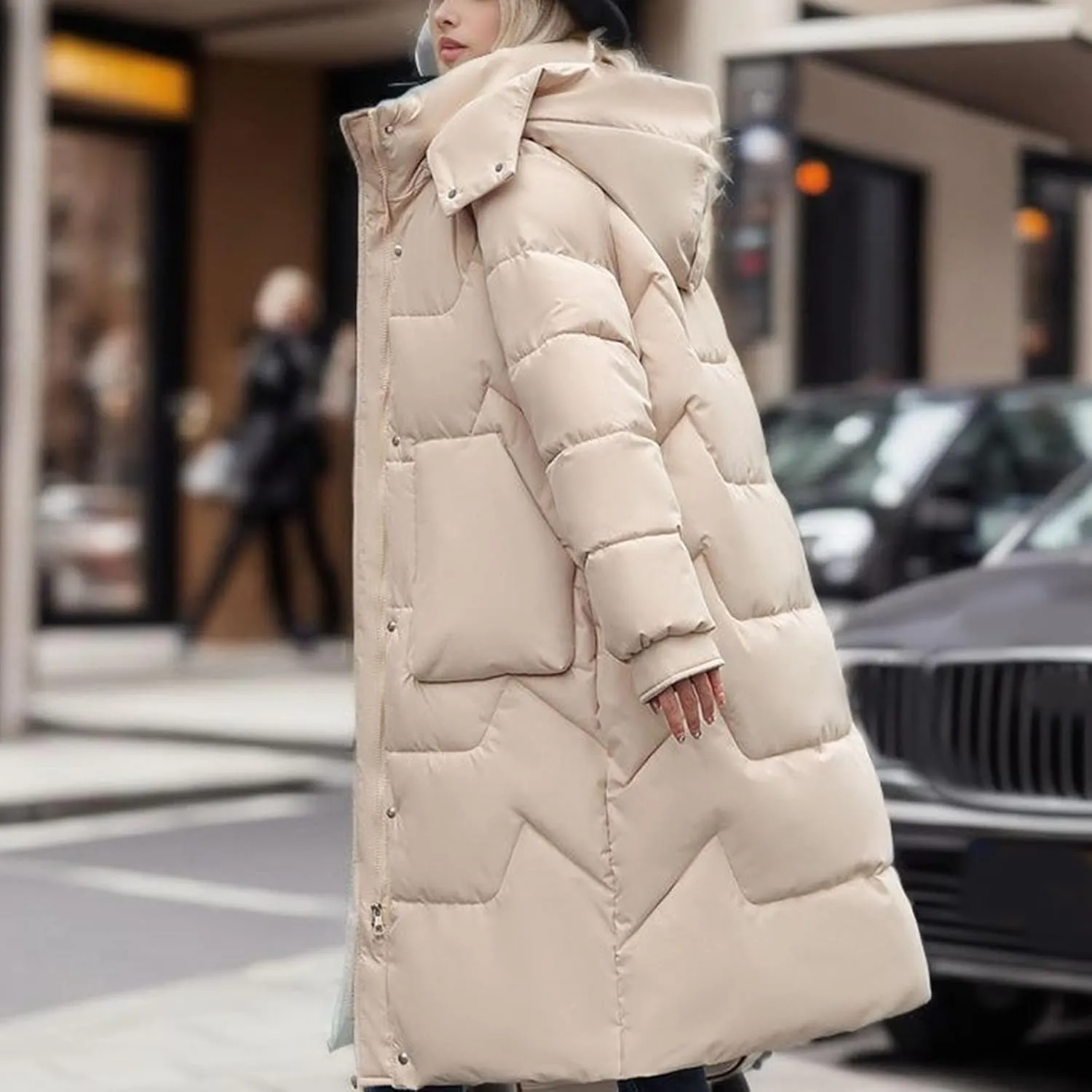 Women Winter Long Puffer Jacket Plus Size Quilted Jacket Hoodies Down Coat Stand Collar Windproof Warm Thicken Parka