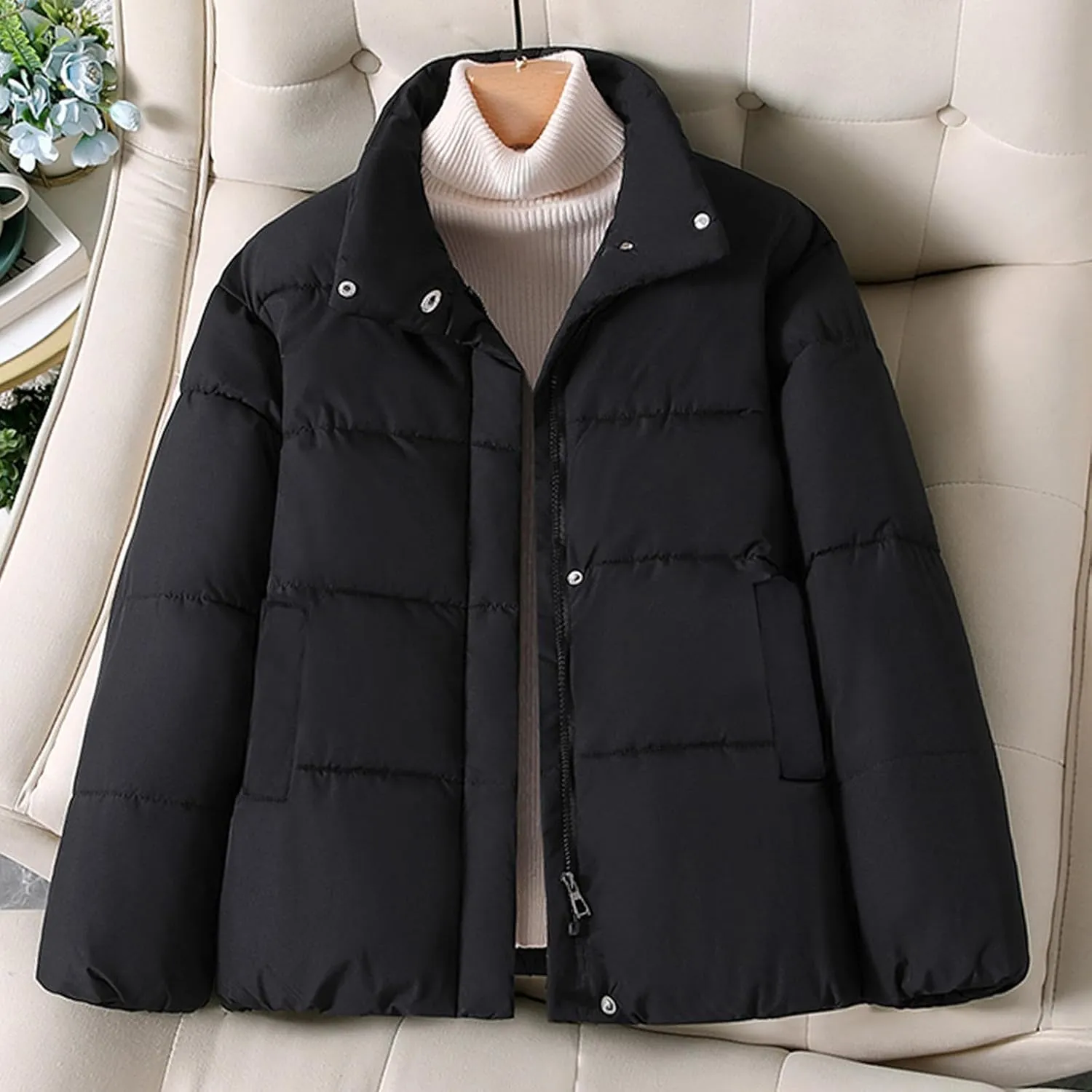 Womens 2024 Puffer Jacket Long Sleeve Full Zip Down Coats with Pockets Baggy Quilted Lightweight Jackets Winter Coats