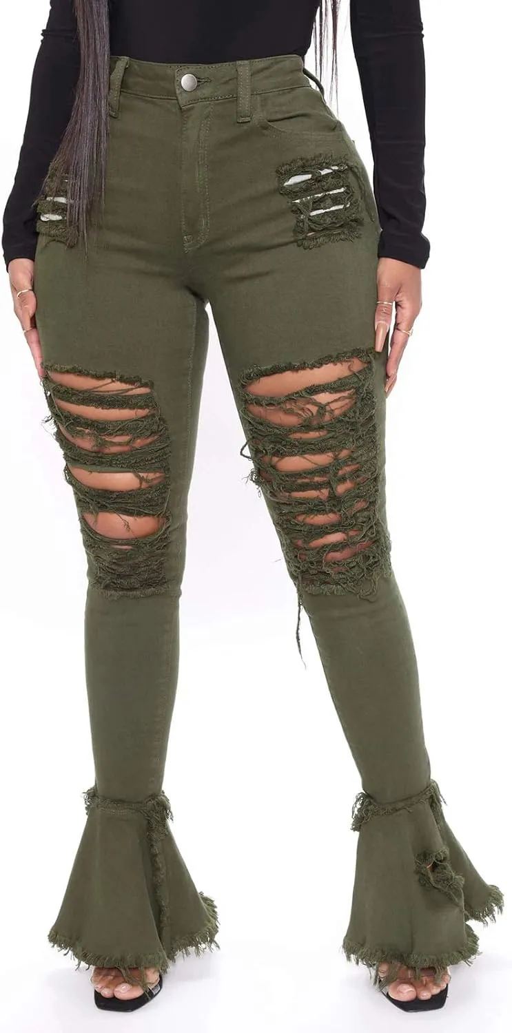 Women's Bell Bottom Jeans Destoryed Ripped Flare Jeans Elastic Waist Raw Hem Denim Pants