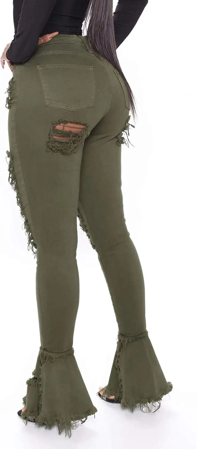 Women's Bell Bottom Jeans Destoryed Ripped Flare Jeans Elastic Waist Raw Hem Denim Pants
