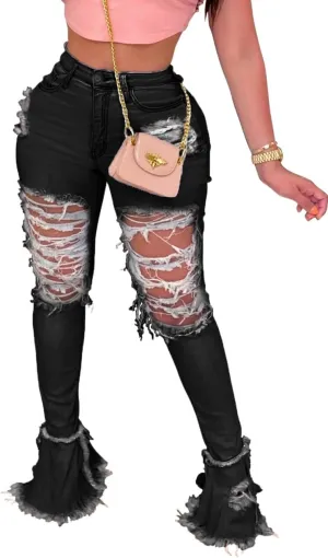 Women's Bell Bottom Jeans Destoryed Ripped Flare Jeans Elastic Waist Raw Hem Denim Pants