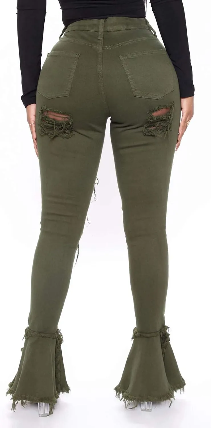 Women's Bell Bottom Jeans Destoryed Ripped Flare Jeans Elastic Waist Raw Hem Denim Pants