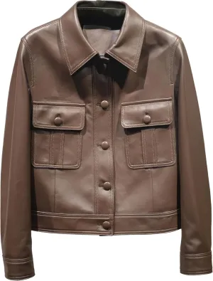Womens Brown Genuine Sheepskin Biker Jacket  Lightweight Shirt Collar Moto Leather Jacket (customizable size)