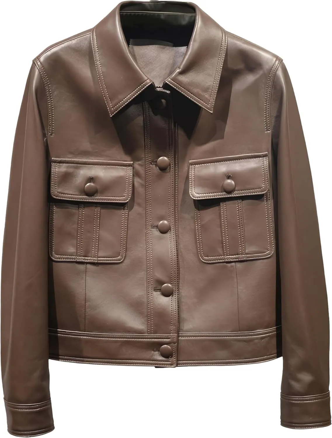 Womens Brown Genuine Sheepskin Biker Jacket  Lightweight Shirt Collar Moto Leather Jacket (customizable size)