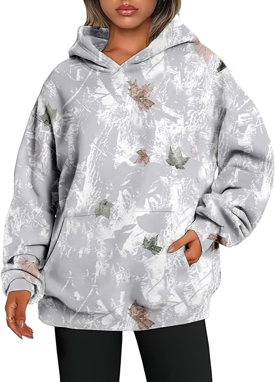 Women's Camo Hoodies Maple Leaf Print Oversized Hooded Sweatshirt Long Sleeve Fleece Pullover Hoodie Tops with Pockets