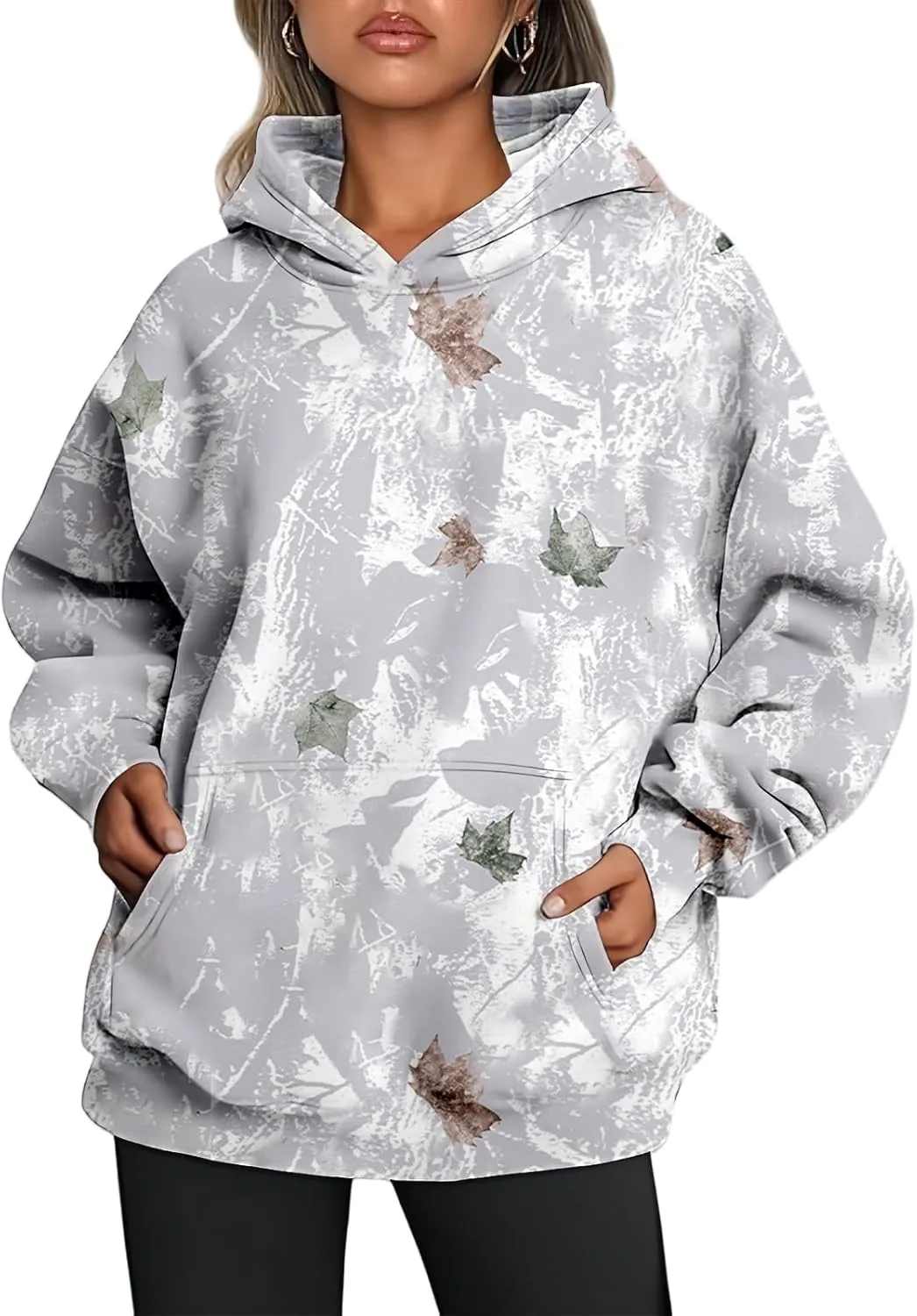Women's Camo Hoodies Maple Leaf Print Oversized Hooded Sweatshirt Long Sleeve Fleece Pullover Hoodie Tops with Pockets