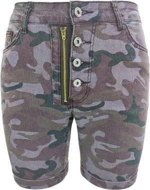 Womens Camo Jean Shorts High Waisted Butt Lift Skinny Stretch Casual Army Fatigue Bermuda Denim Shorts with Pocket