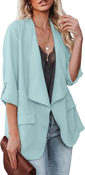 Womens Casual Blazer Jackets Roll Up Long Sleeve Open Front Work Office Business Blazers with Pockets