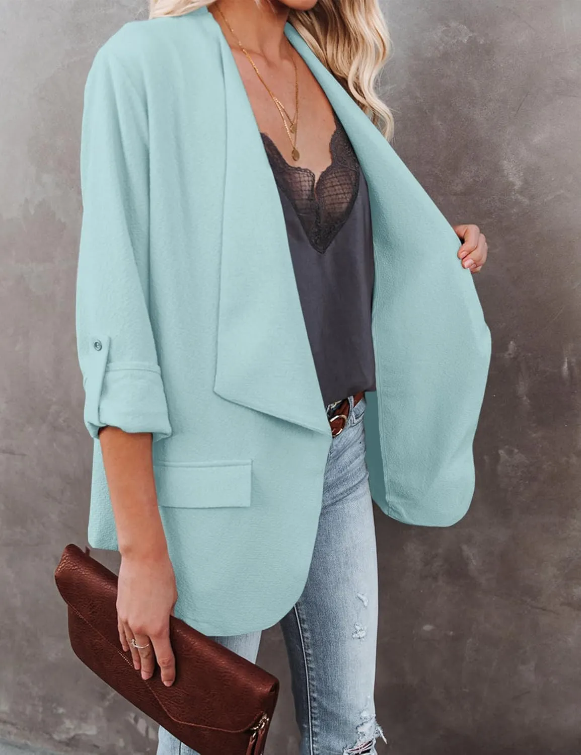 Womens Casual Blazer Jackets Roll Up Long Sleeve Open Front Work Office Business Blazers with Pockets