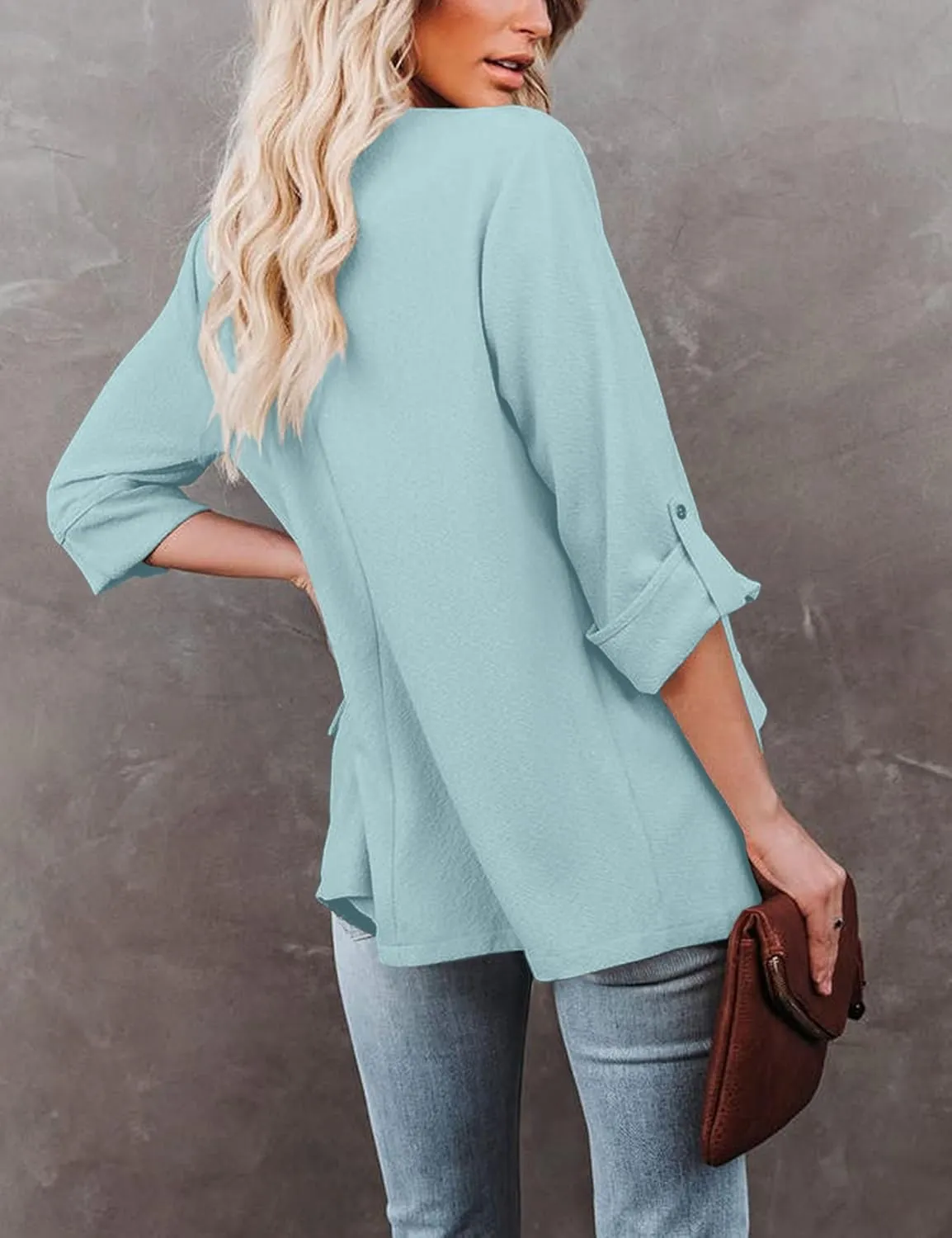 Womens Casual Blazer Jackets Roll Up Long Sleeve Open Front Work Office Business Blazers with Pockets