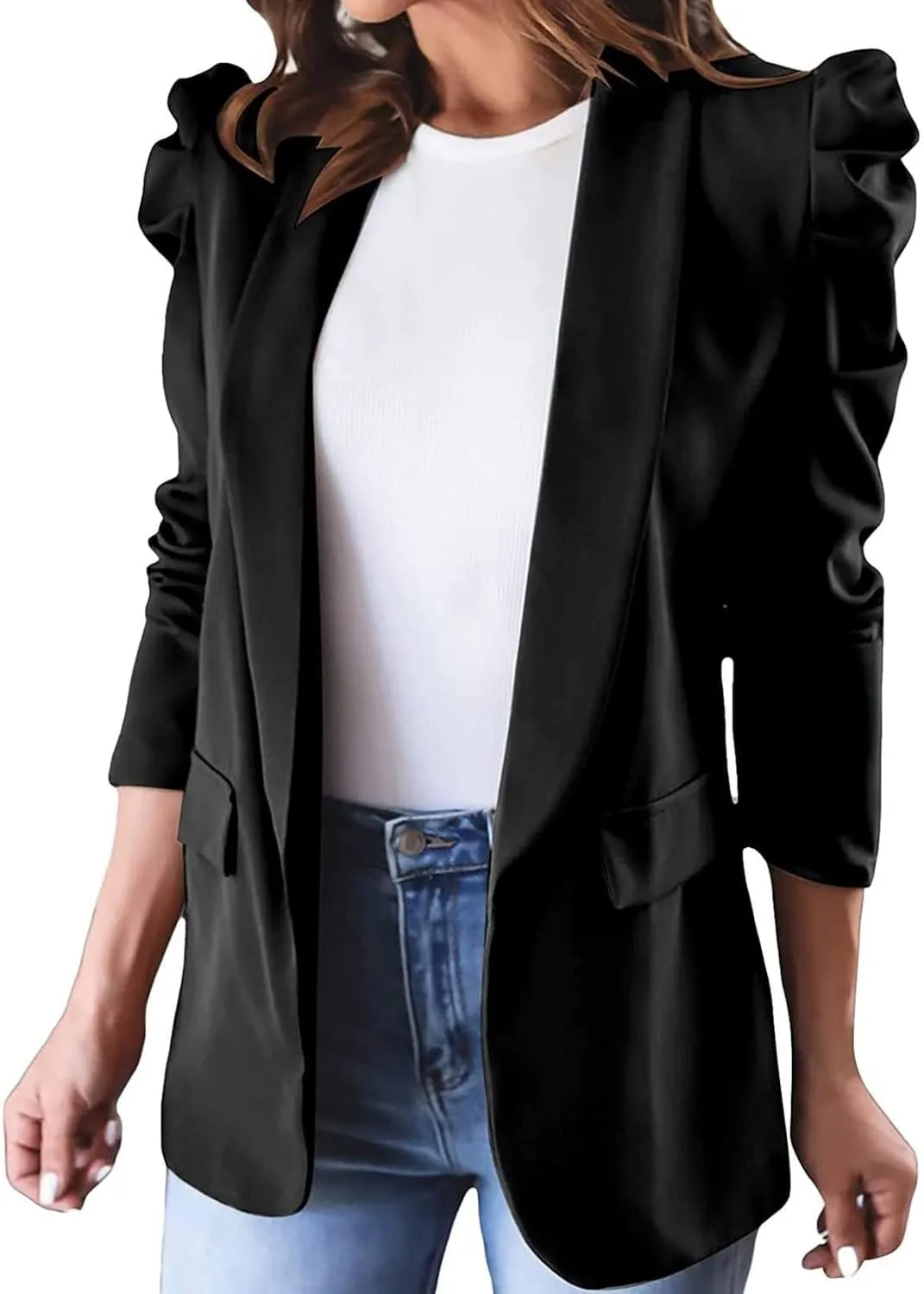 Womens Casual Blazers Puff Sleeve Suit Jacket Open Front Cardigan Jacket Work Office Blazer Business Outfits Tops
