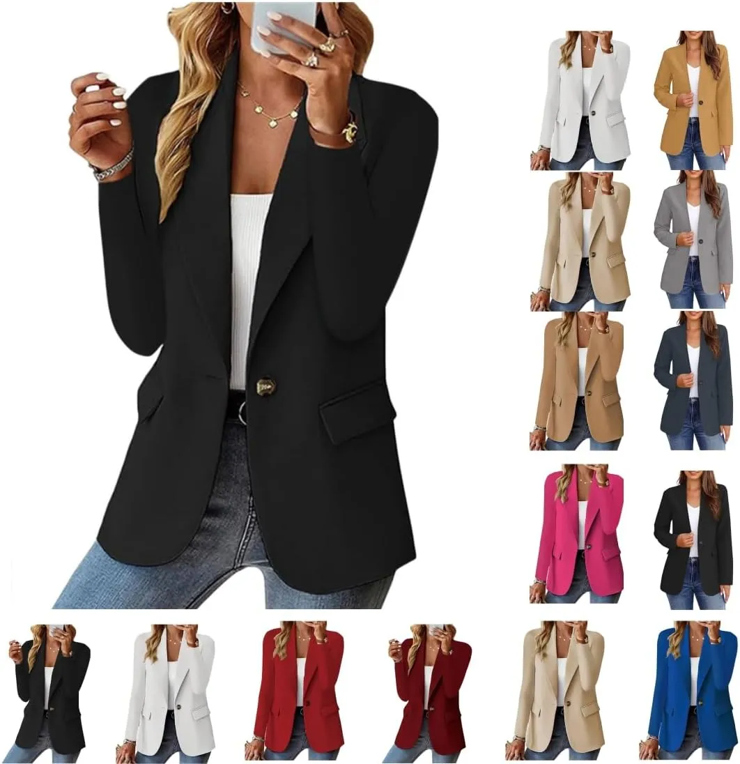 Womens Casual Blazers Work Business Open Front Long Sleeve Suit Jacket Notch Lapel Button Boyfriend Blazer