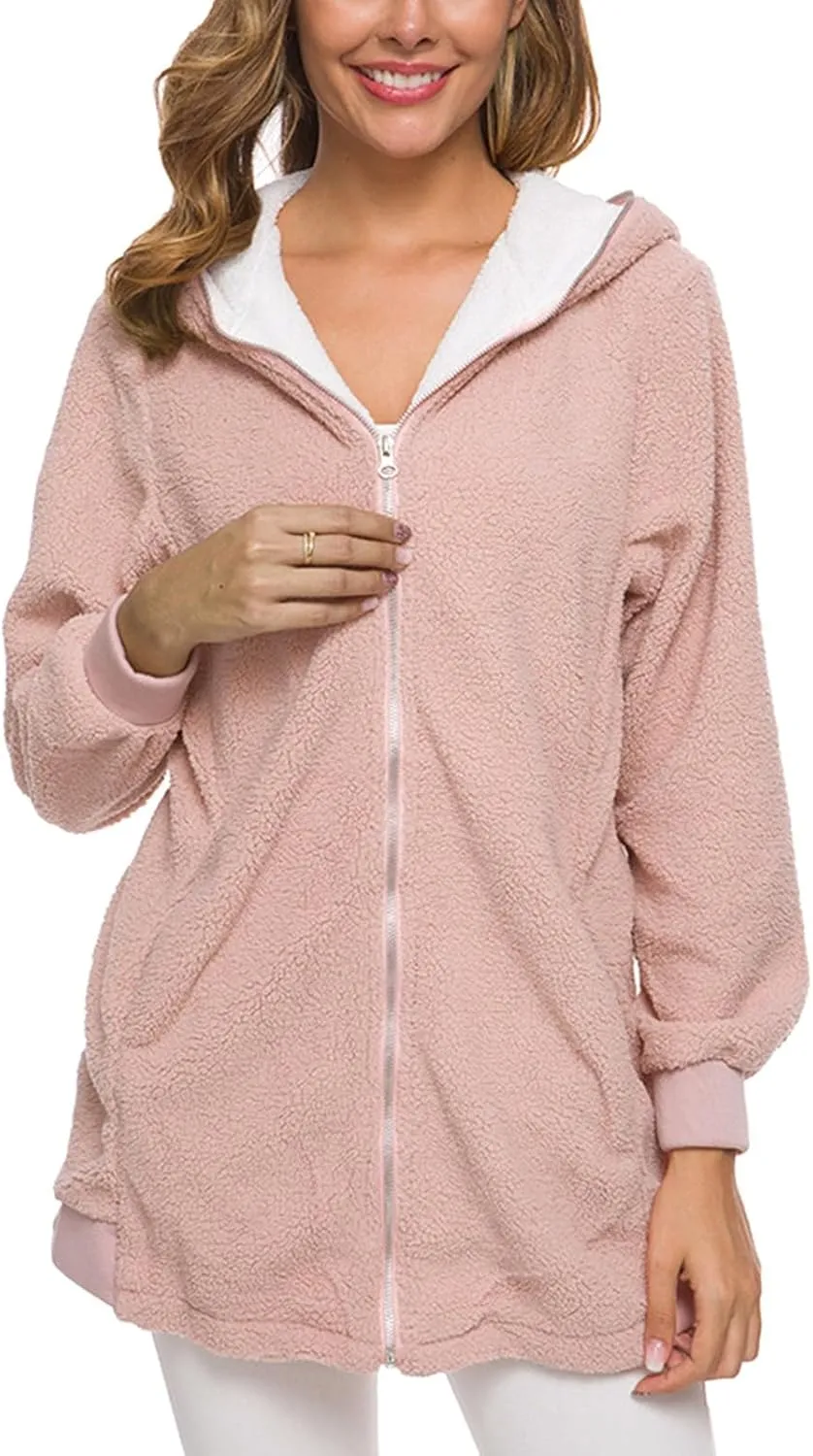 Women's Casual Cardigan Winter Coat Hooded Fleece Jacket Fuzzy Fleece Open Front Hooded Sweater with Pockets