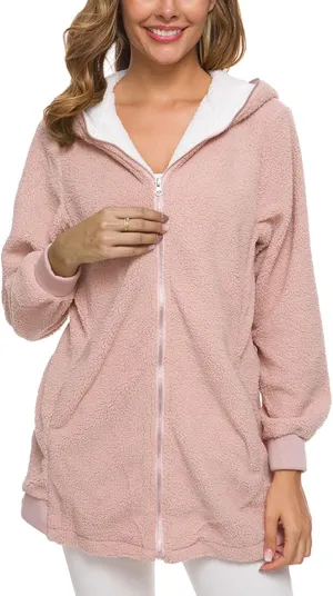 Women's Casual Cardigan Winter Coat Hooded Fleece Jacket Fuzzy Fleece Open Front Hooded Sweater with Pockets