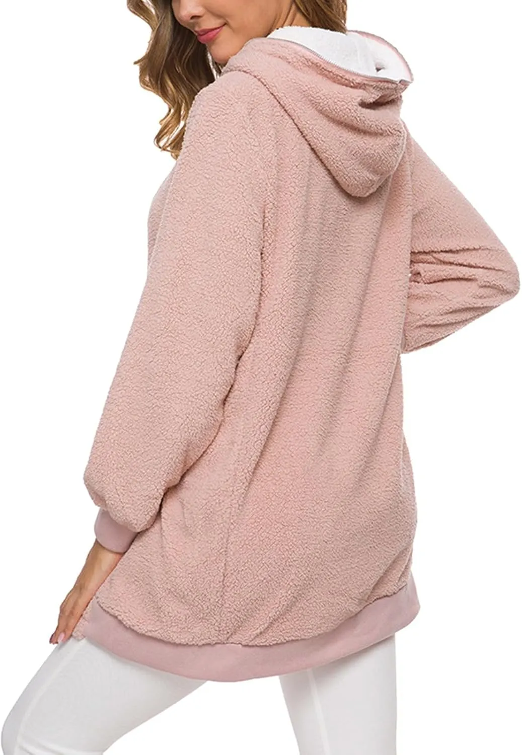 Women's Casual Cardigan Winter Coat Hooded Fleece Jacket Fuzzy Fleece Open Front Hooded Sweater with Pockets