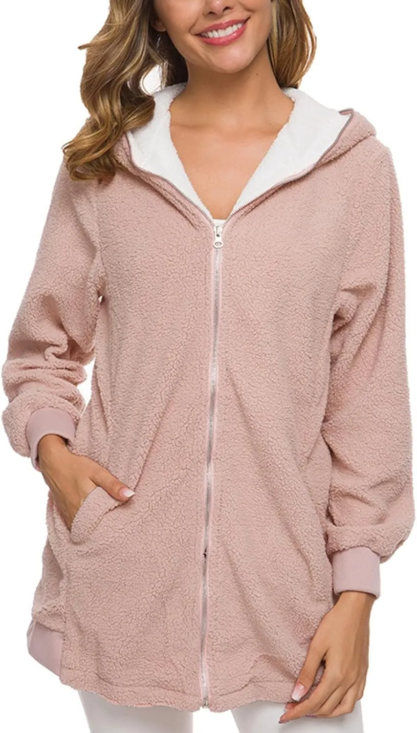 Women's Casual Cardigan Winter Coat Hooded Fleece Jacket Fuzzy Fleece Open Front Hooded Sweater with Pockets