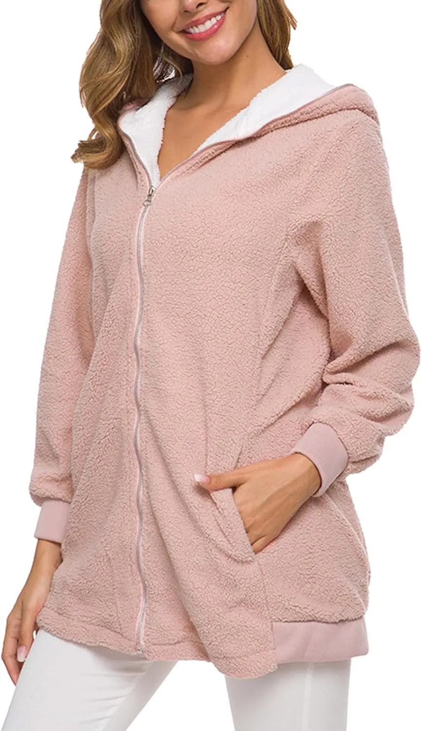 Women's Casual Cardigan Winter Coat Hooded Fleece Jacket Fuzzy Fleece Open Front Hooded Sweater with Pockets